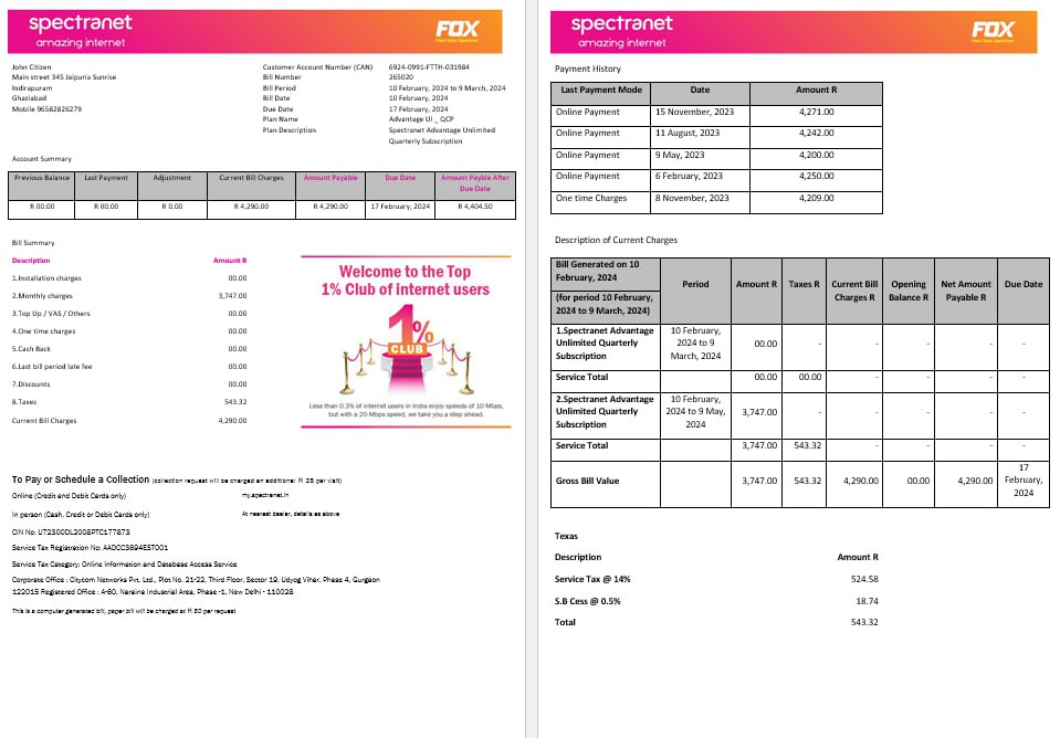 Nigeria Spectranet amazing internet internet utility bill Word and PDF formats, 3 pages